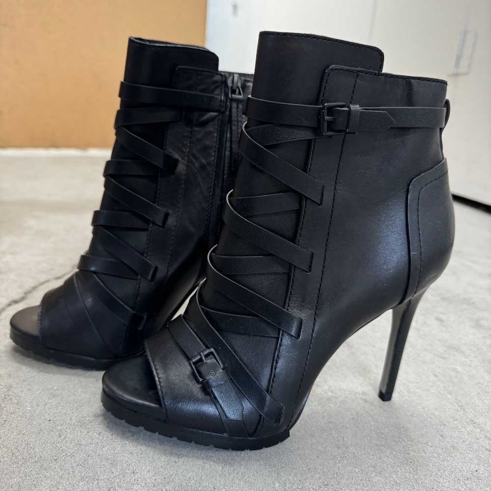 NEW - Jessica Simpson open toe- soft black leather stiletto ankle boots